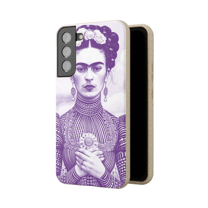 Stylish violet biodegradable phone case featuring an artistic portrait of Frida Kahlo.