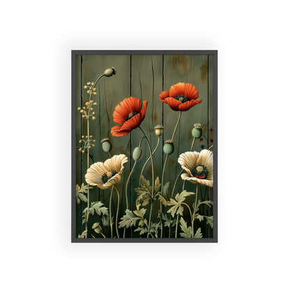 Vintage-style framed poster featuring vibrant red poppy blooms with delicate stems and leaves