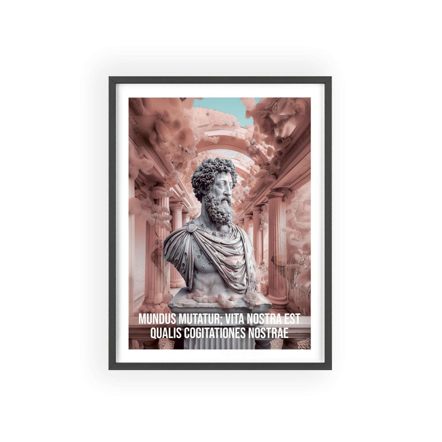 Surreal minimalist art print featuring Marcus Aurelius with Latin quote on the power of thoughts shaping our life amidst a changing world