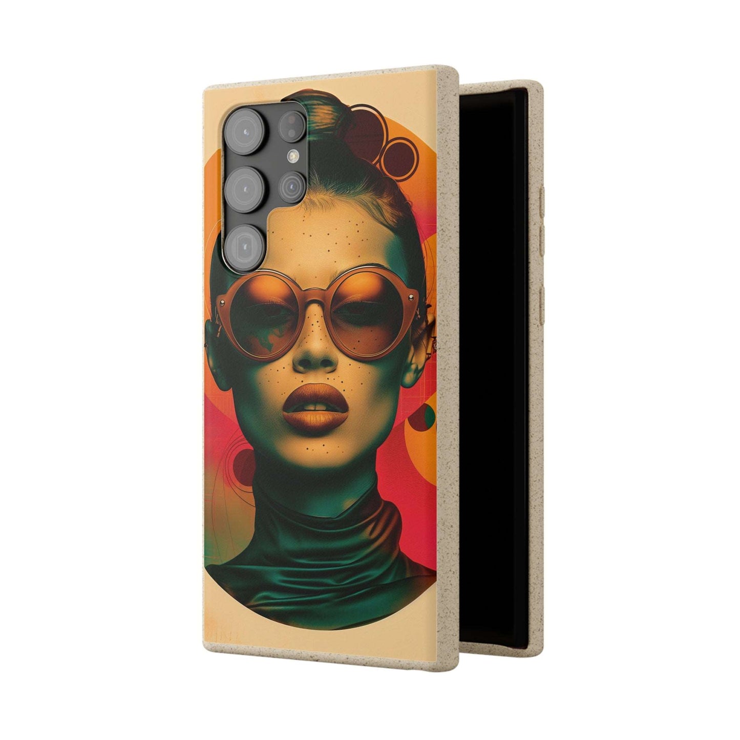 Biodegradable phone case featuring a Havana-inspired retro portrait in warm tropical hues, compatible with iPhone and Samsung models.