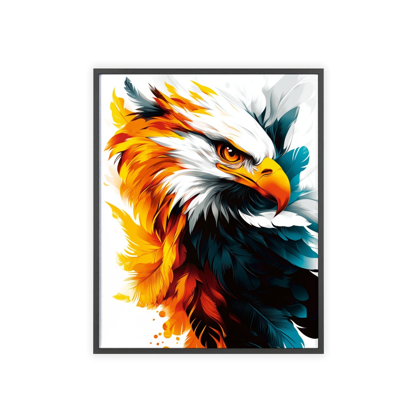 Striking digital illustration of a mystical eagle with geometric shapes and vibrant colors, part of the Mystical Beasts Collection framed poster series.