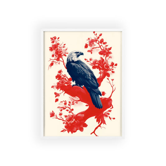 Framed poster of a majestic eagle surrounded by red flowers