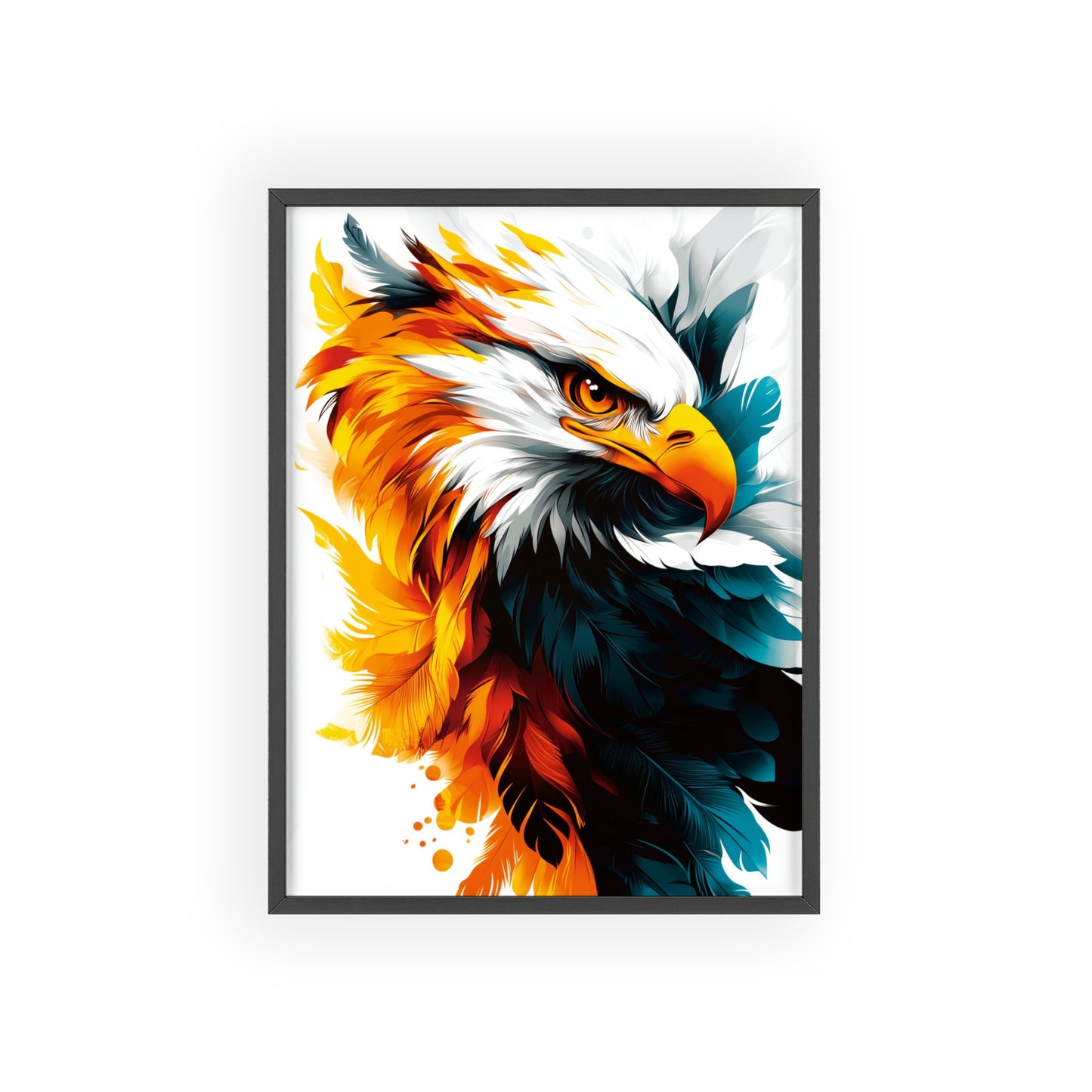 Striking digital illustration of a mystical eagle with geometric shapes and vibrant colors, part of the Mystical Beasts Collection framed poster series.