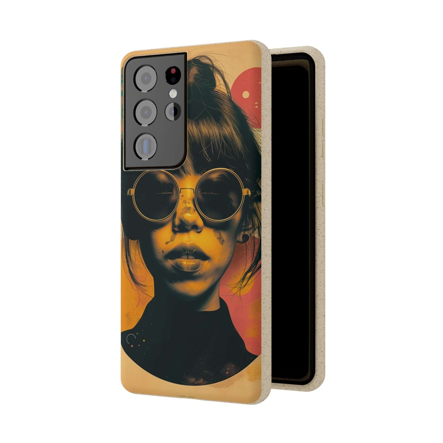 Tokyo-themed phone case featuring a retro portrait with neon colors, made from biodegradable materials, compatible with iPhone and Samsung.