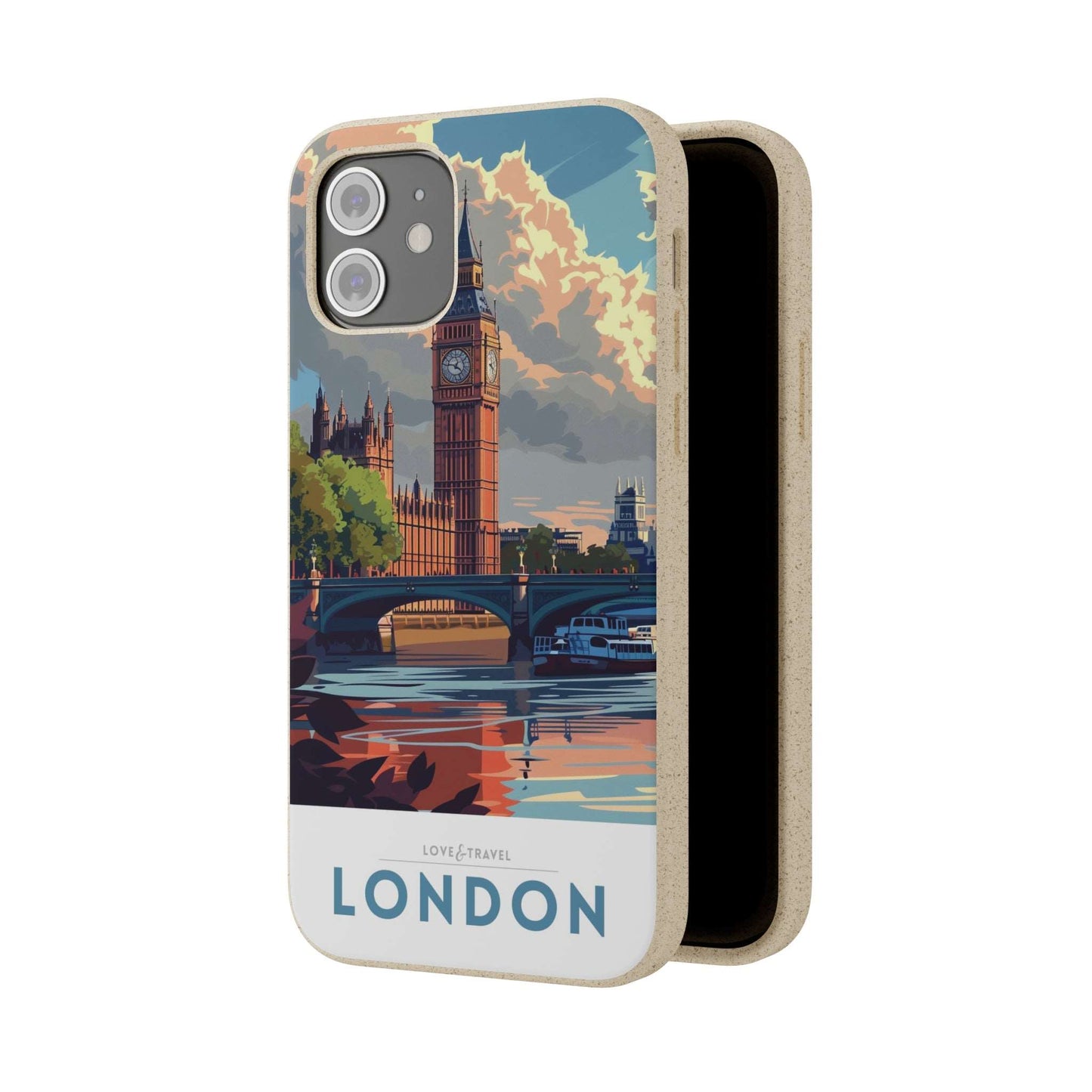 Stylish biodegradable phone case featuring a minimalist London-themed travel poster design.