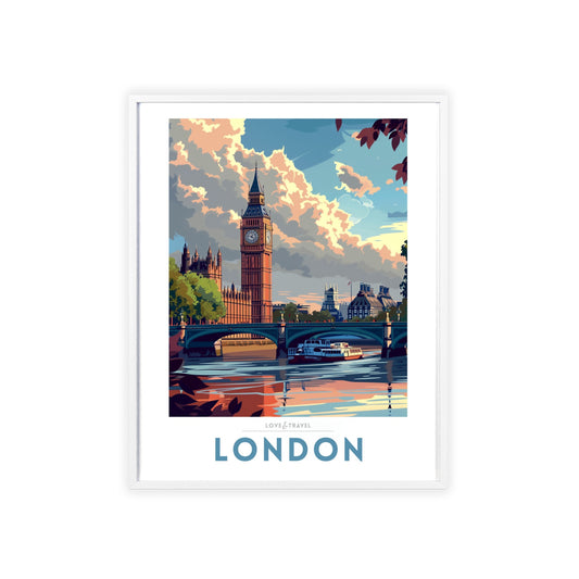 Elegant travel poster of London, showcasing iconic landmarks like Big Ben and the London Eye, perfect for adding a touch of nostalgia and sophistication to any home decor