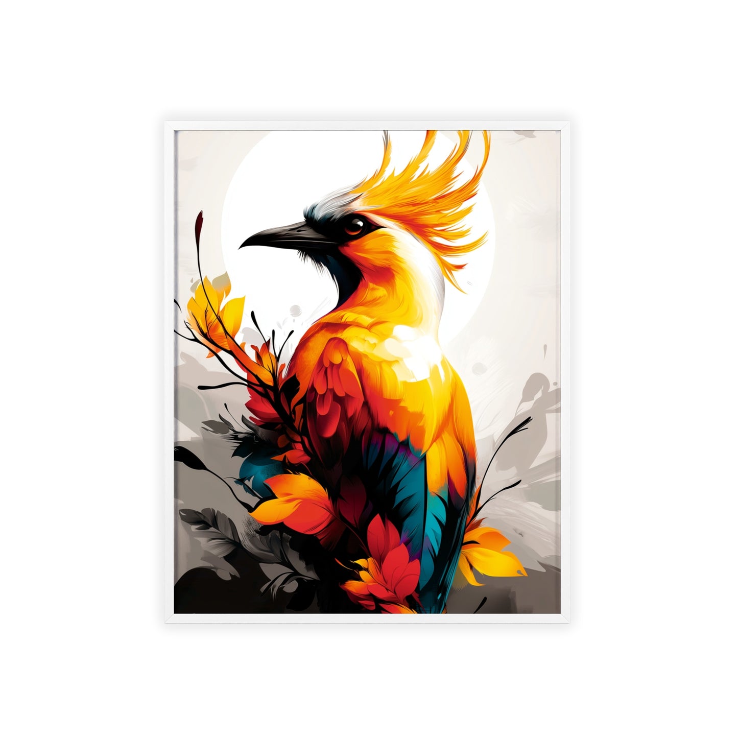 Striking digital illustration of a mystical hoopoe with abstract shapes and vibrant colors, featuring its distinctive crest, part of the Mystical Beasts Collection framed poster series.