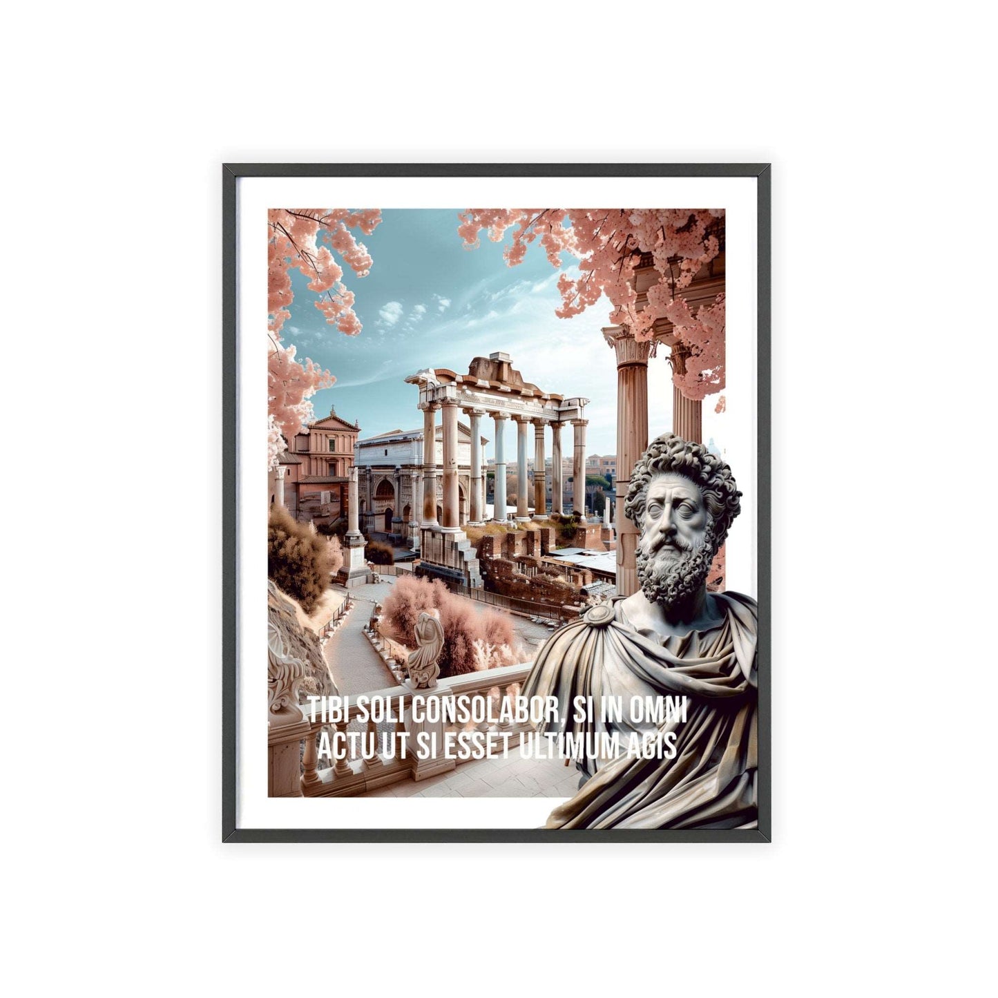 Surreal minimalist art print featuring a stunning Rome sunrise with Marcus Aurelius quote on living each moment fully