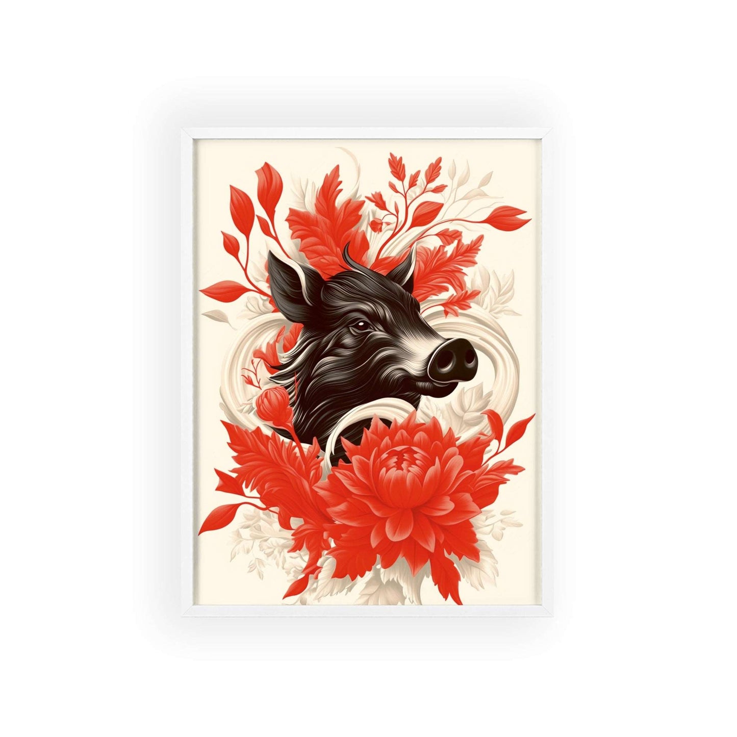 Framed poster of a stylized wild boar surrounded by red flowers.