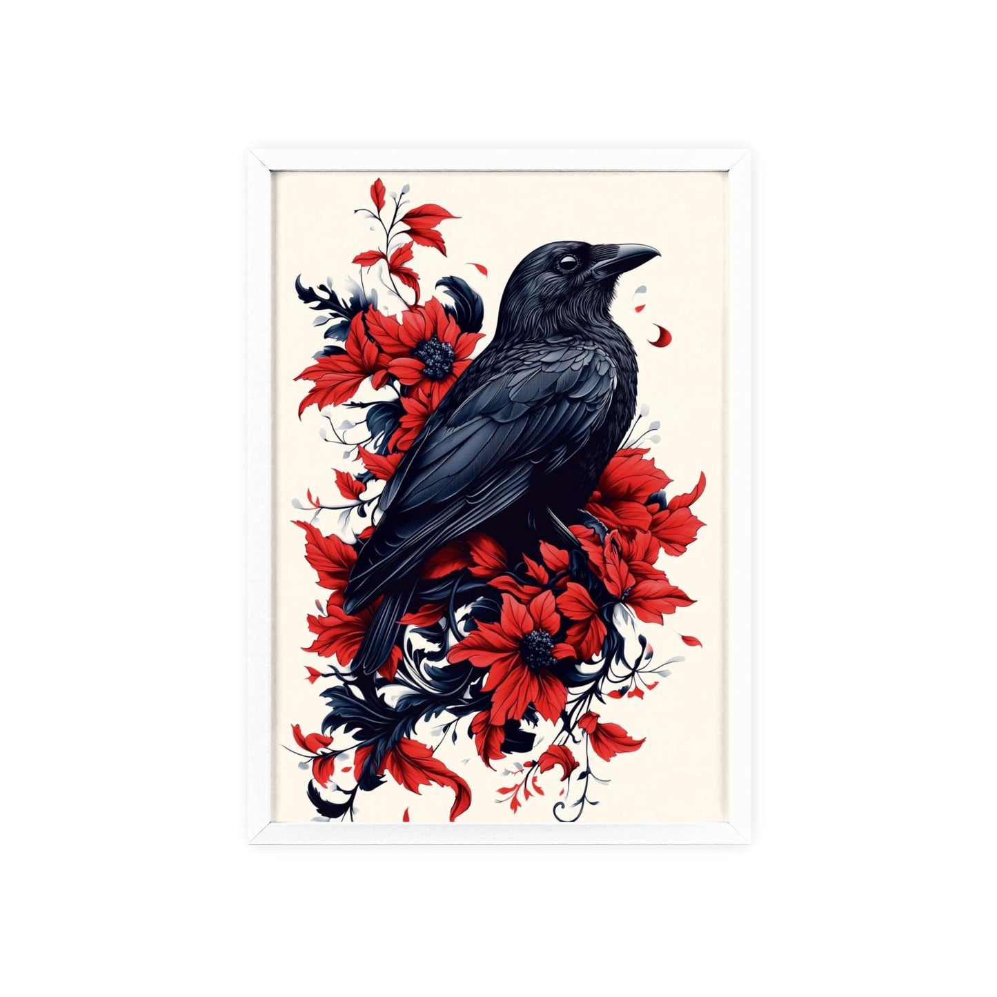 Framed poster of a stylized crow amidst vibrant red flowers.