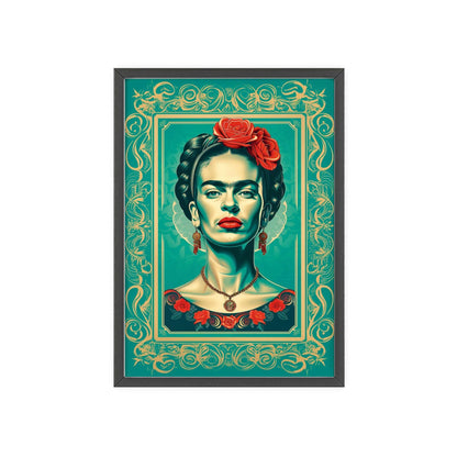 Framed portrait poster of Frida Kahlo in a modern vector design. Her features are rendered in gold, with aquamarine accents. The background is aquamarine.