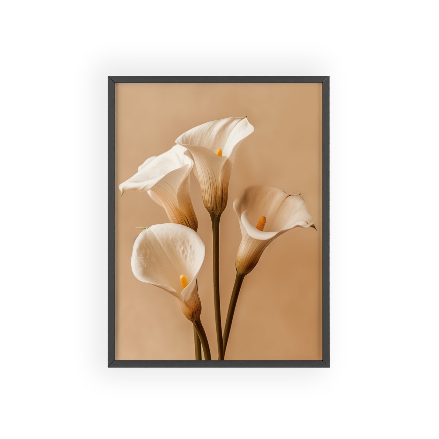 Vintage-style framed poster featuring elegant calla lily blooms with sleek, curving stems