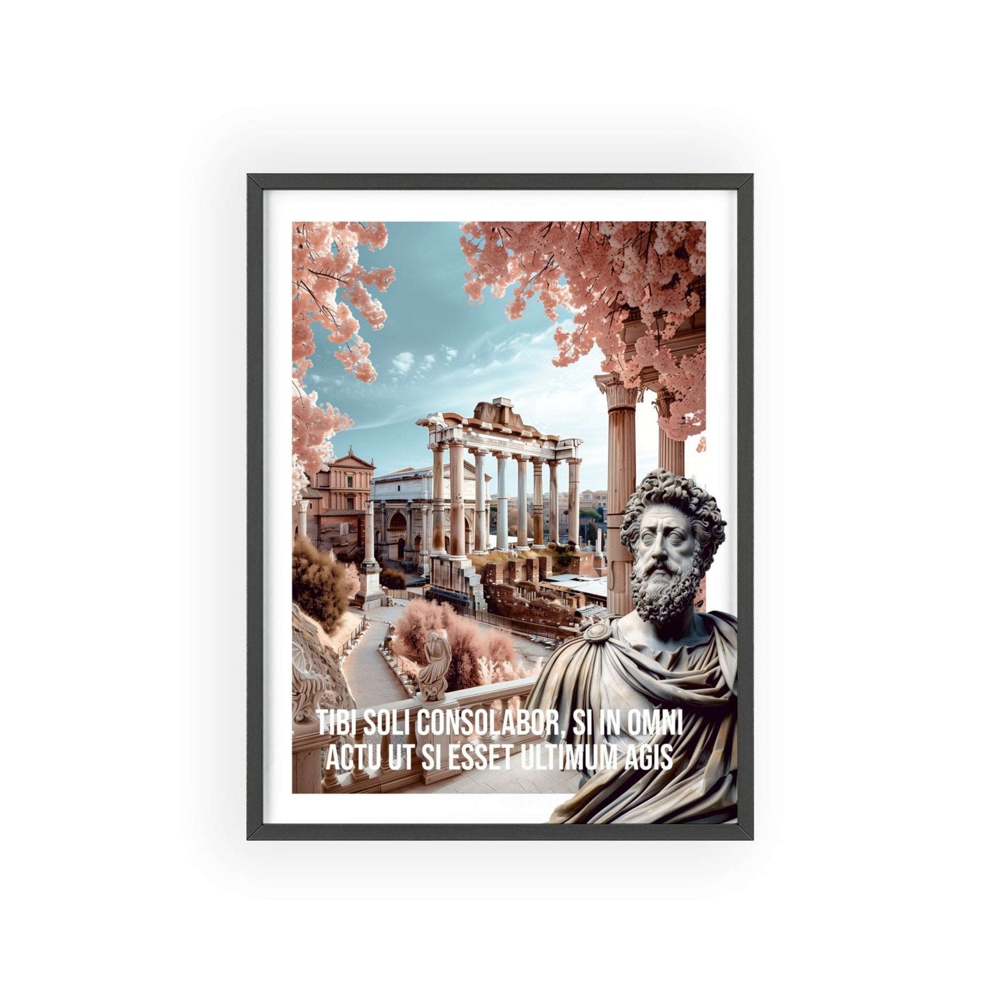 Surreal minimalist art print featuring a stunning Rome sunrise with Marcus Aurelius quote on living each moment fully