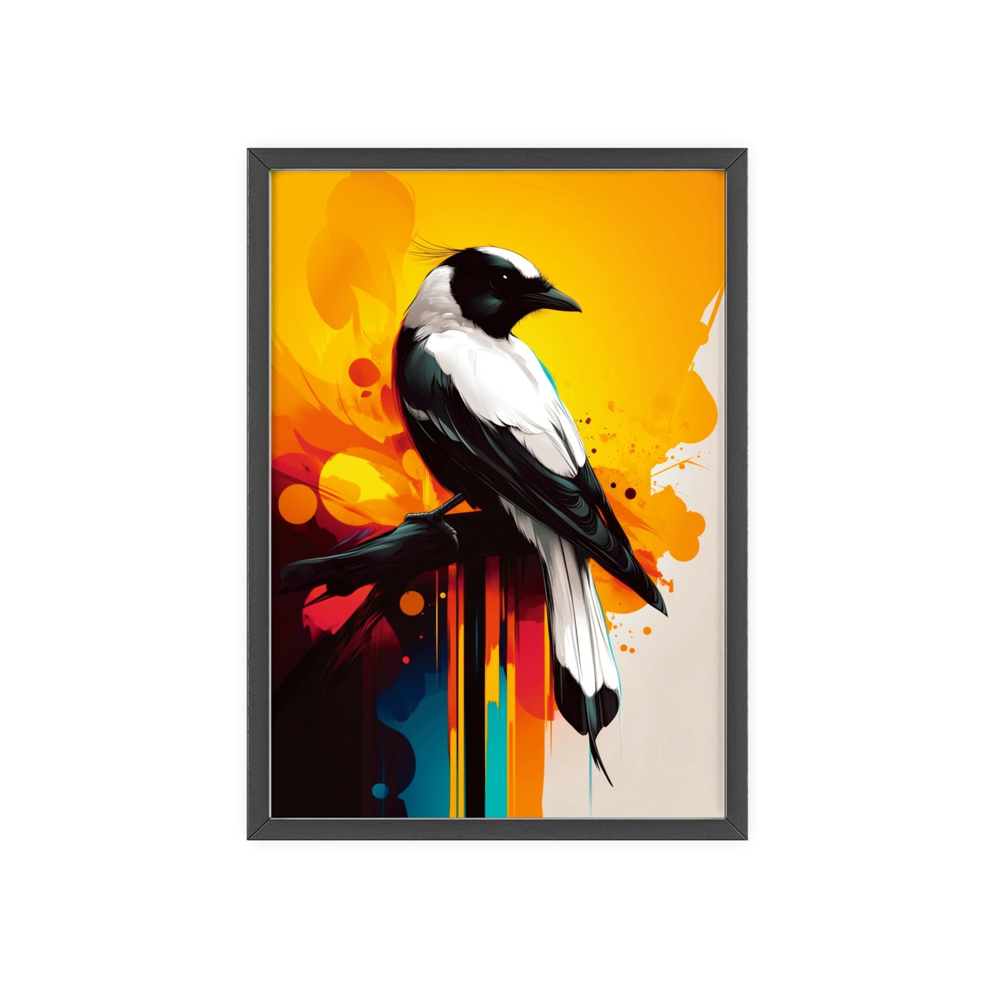 Framed Mystical Pop poster of a vibrant magpie in bold, colorful vector art.