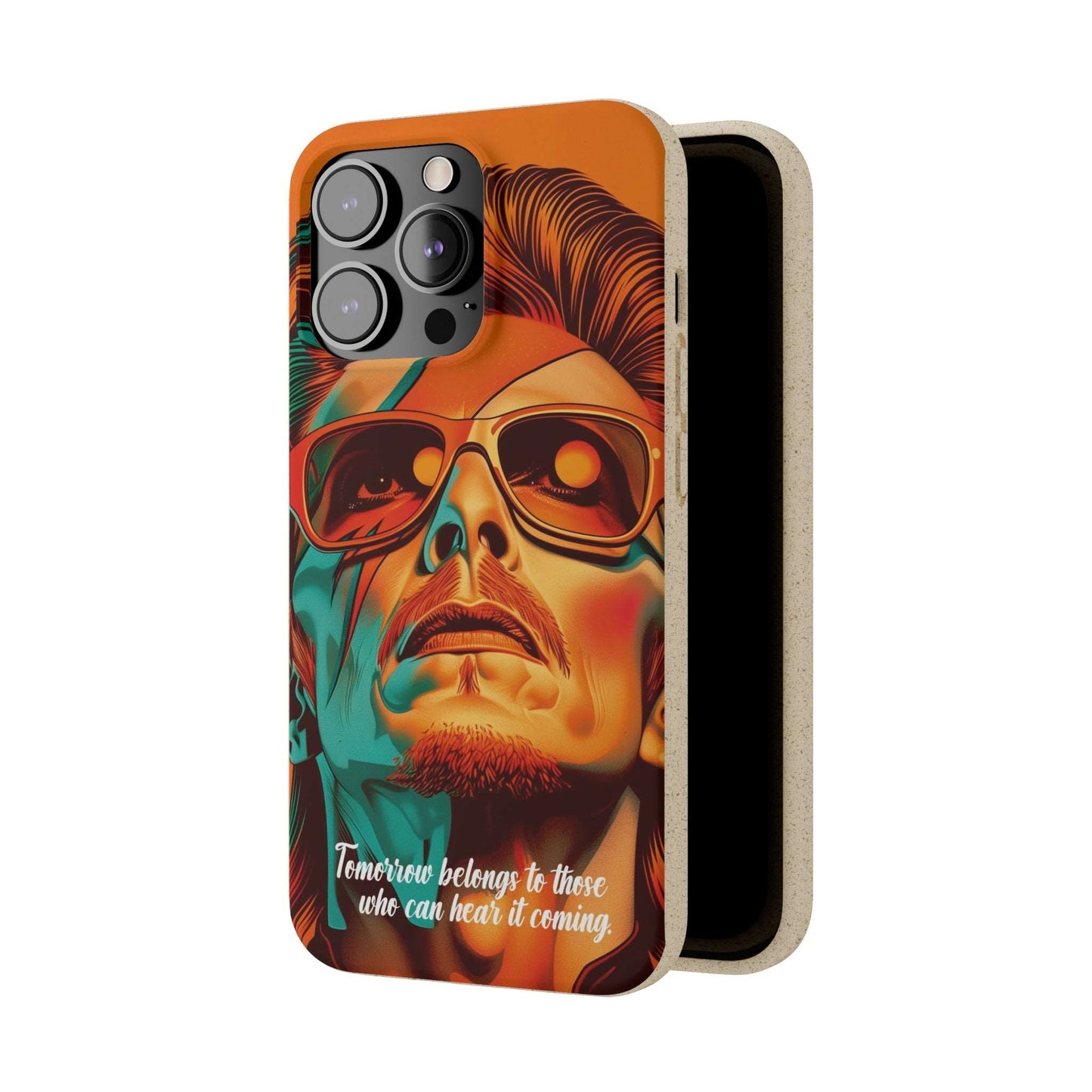 Colorful biodegradable phone case with David Bowie's quote "Tomorrow belongs to those who can hear it coming"