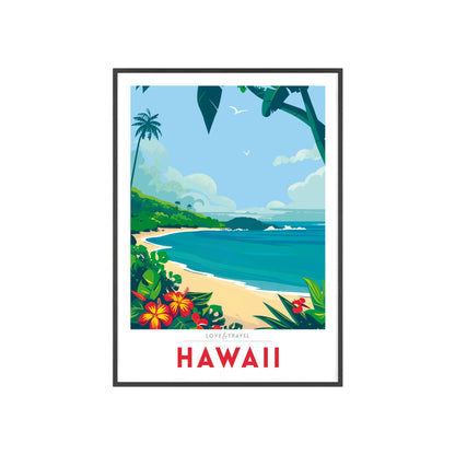 Travel poster featuring a picturesque Hawaiian beach with palm trees, crystal-clear water, and a vibrant sunset, capturing the essence of Hawaii's tropical paradise.