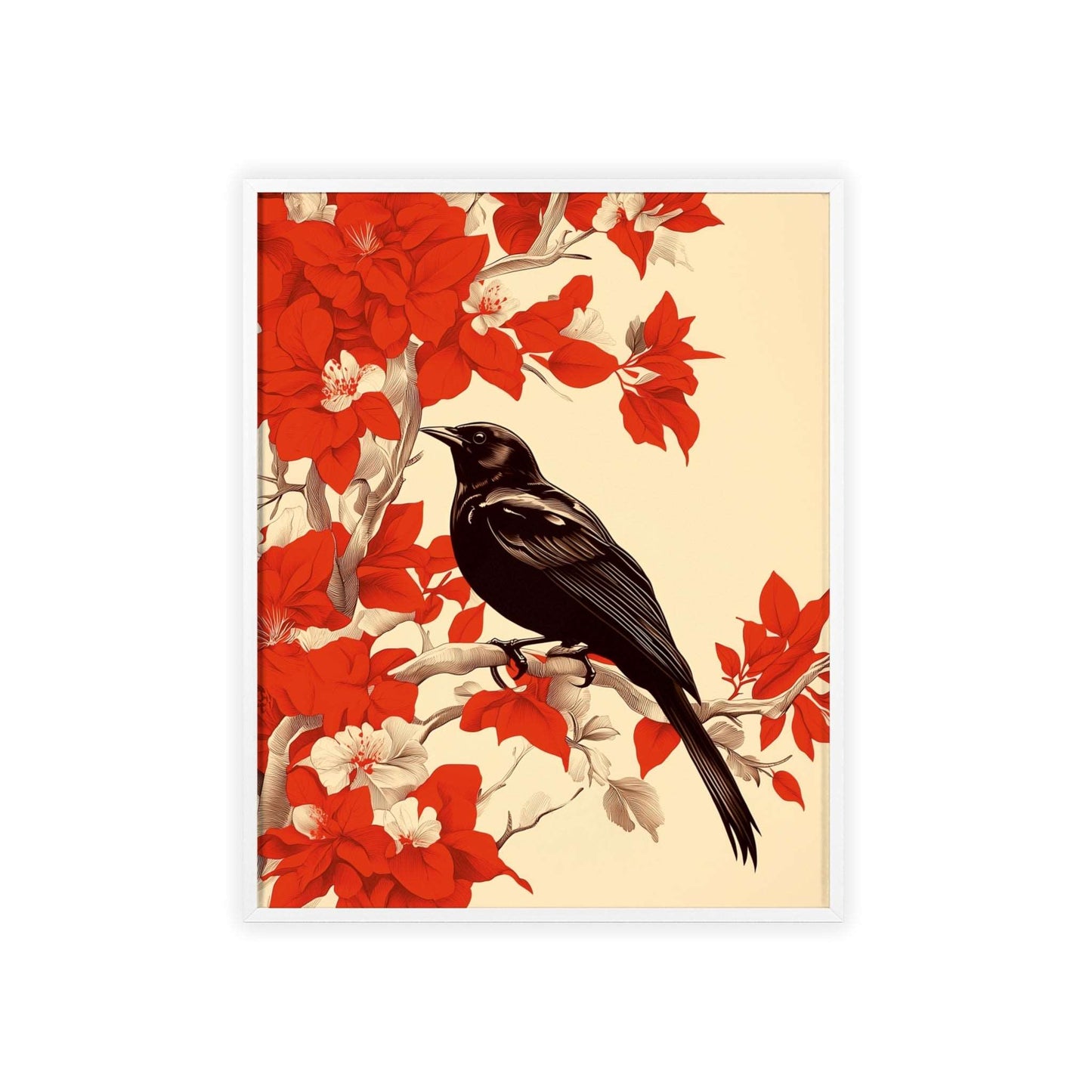 Framed poster of a stylized blackbird amidst vibrant red flowers.