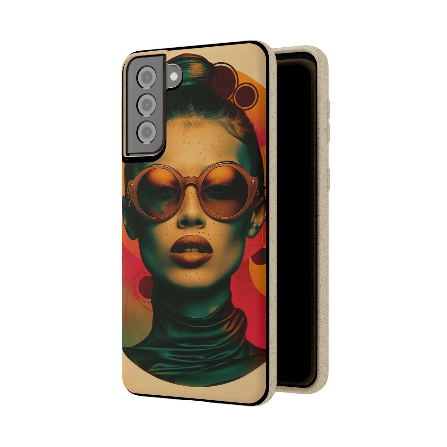 Biodegradable phone case featuring a Havana-inspired retro portrait in warm tropical hues, compatible with iPhone and Samsung models.