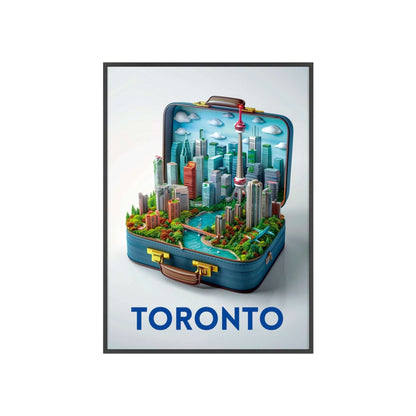 Travel poster titled "Toronto in a Suitcase" featuring a stylized illustration capturing the essence of Toronto. The poster is designed for modern home decor.