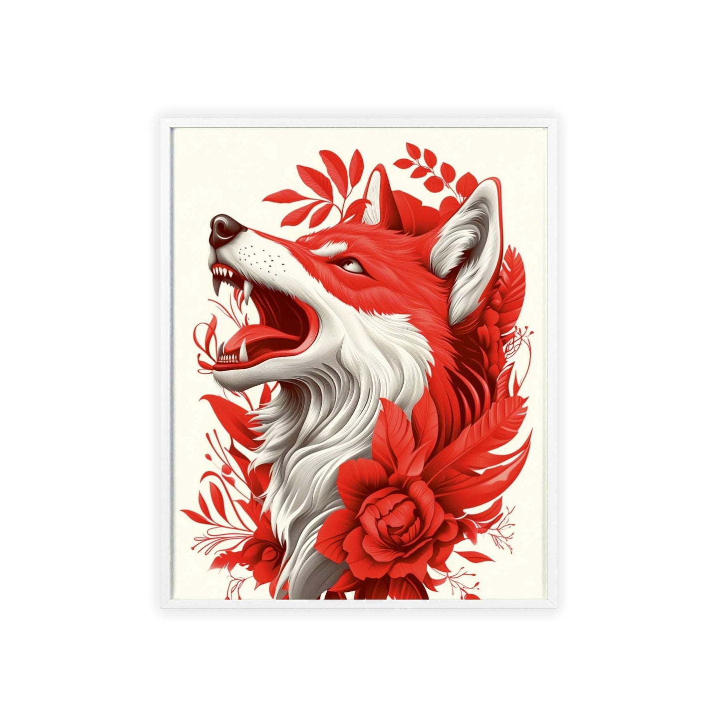 Framed poster of a stylized wolf amidst vibrant red flowers.