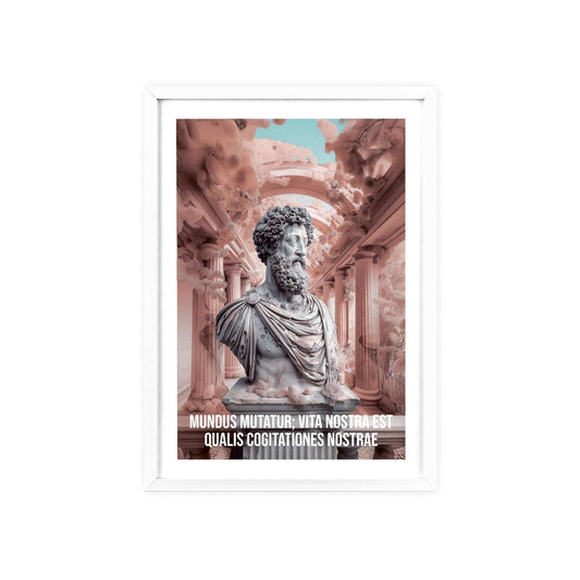 Surreal minimalist art print featuring Marcus Aurelius with Latin quote on the power of thoughts shaping our life amidst a changing world