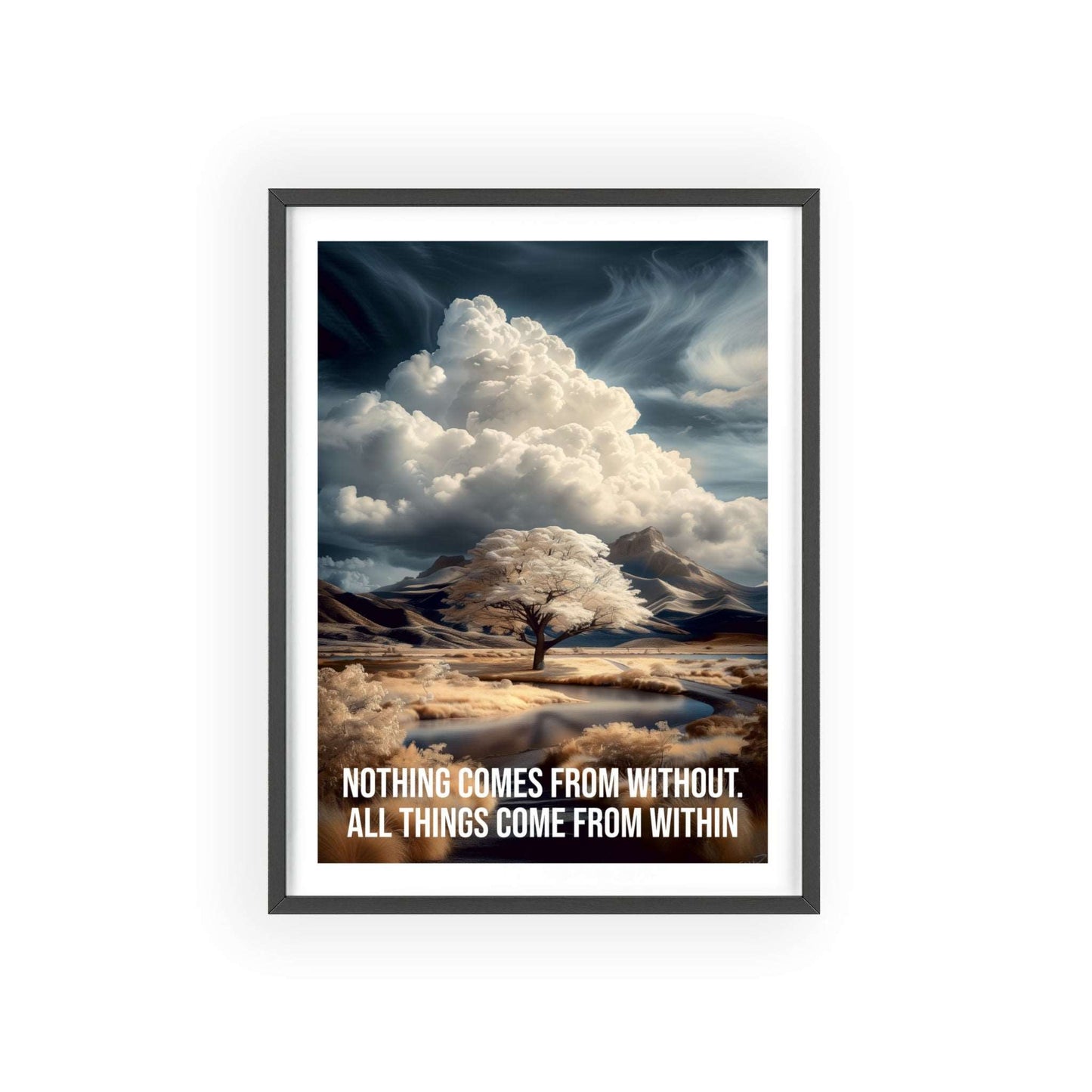 Surreal minimalist art print featuring a lone tree in a floodplain with mountain backdrop, and Neville Goddard quote "All things come from within"