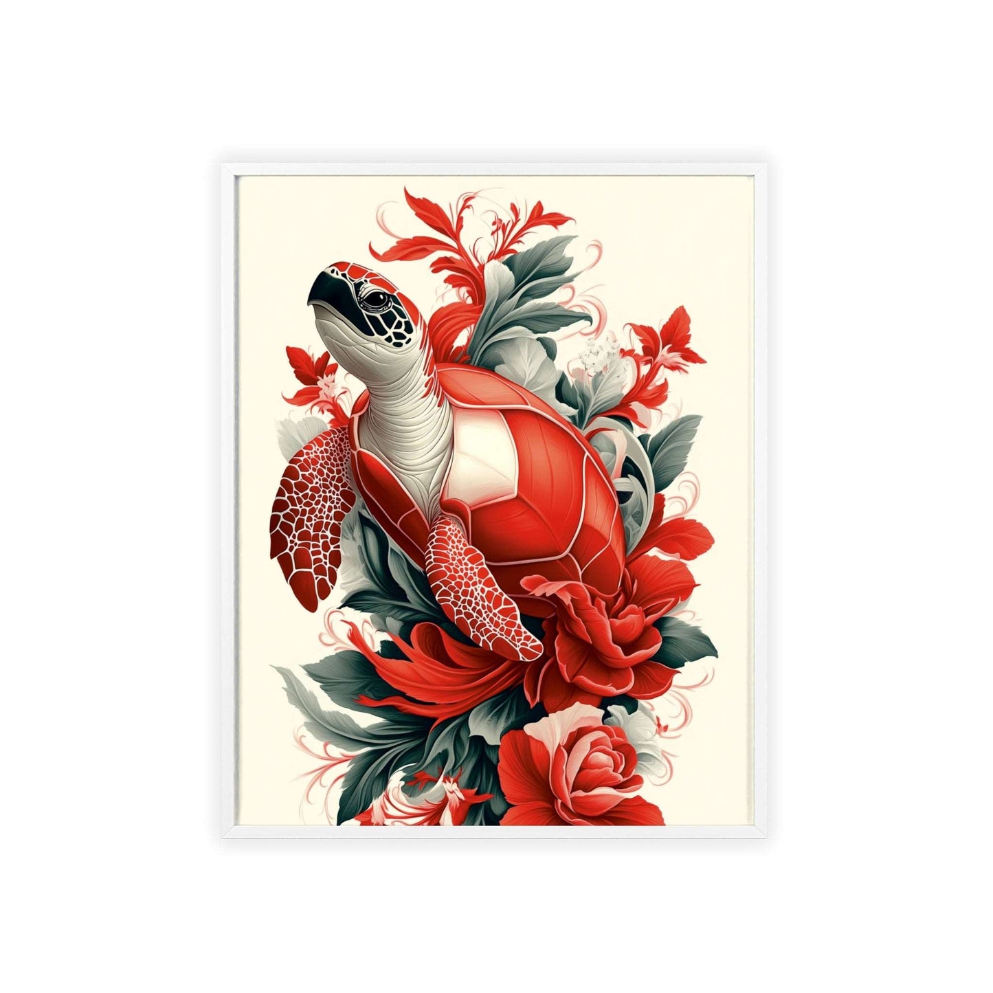 Framed poster of a stylized turtle surrounded by red flowers