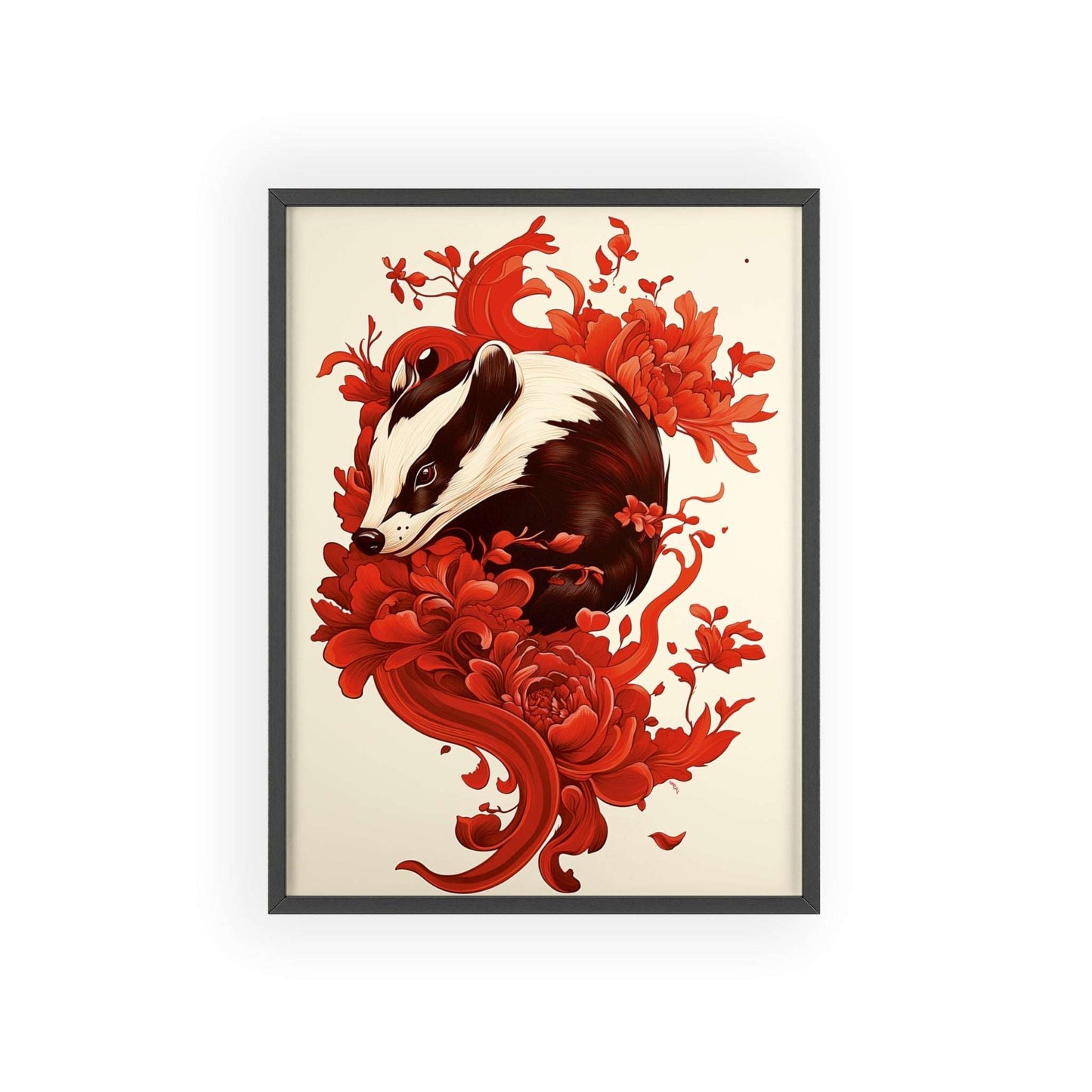 Framed poster of a stylized badger surrounded by red flowers