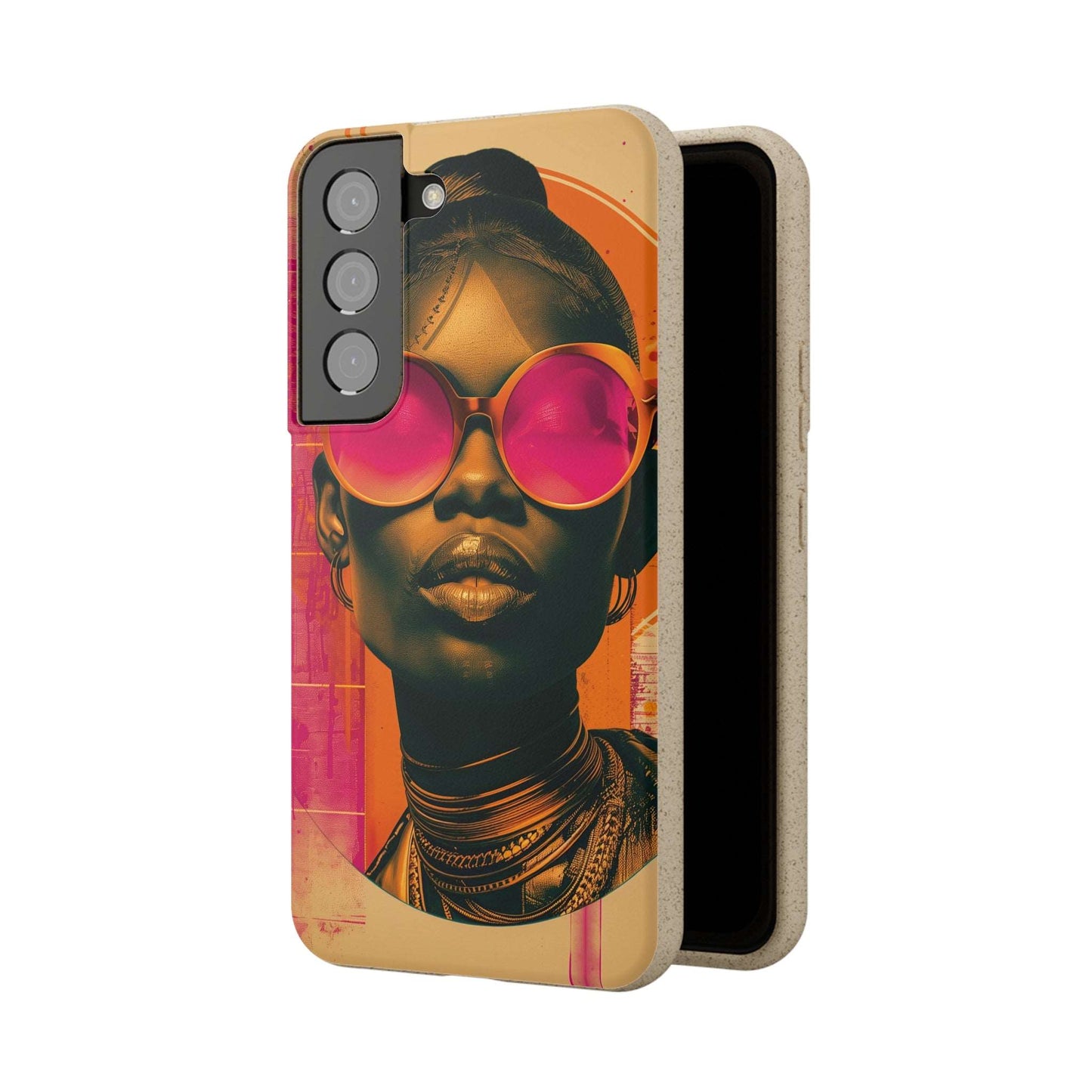 Lagos-inspired phone case with bold African motifs and biodegradable materials, compatible with iPhone and Samsung models.