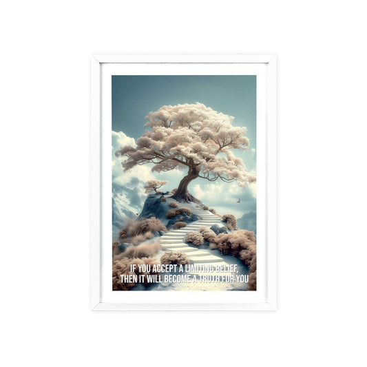 Surreal minimalist art print featuring a solitary tree on a hill, with Louise Hay quote "If you accept a limiting belief, then it will become a truth for you"