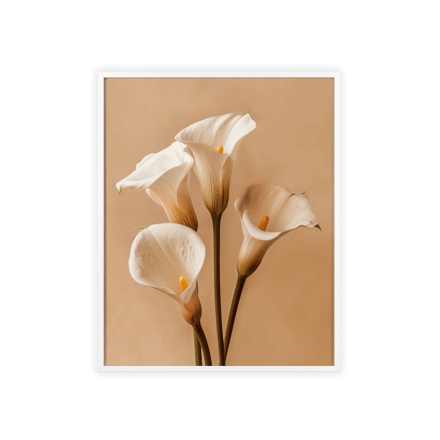 Vintage-style framed poster featuring elegant calla lily blooms with sleek, curving stems