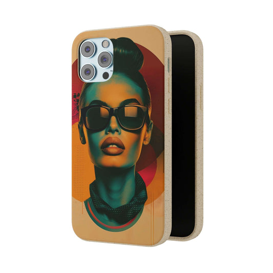 Madrid-themed phone case with a vibrant retro portrait design in biodegradable materials, compatible with iPhone and Samsung.