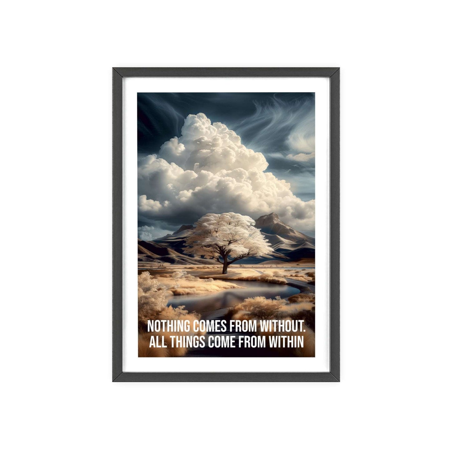 Surreal minimalist art print featuring a lone tree in a floodplain with mountain backdrop, and Neville Goddard quote "All things come from within"