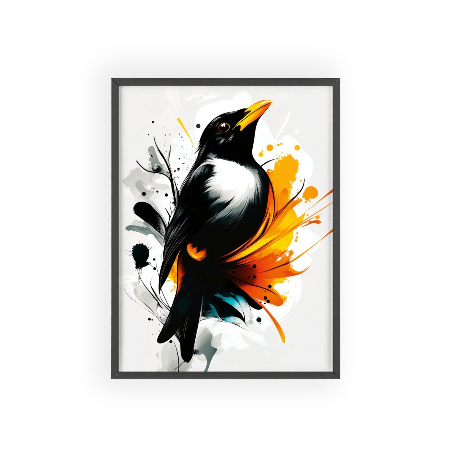 Colorful digital illustration of a mystical backbird with geometric shapes and vibrant hues, part of the Mystical Beasts Collection framed poster series