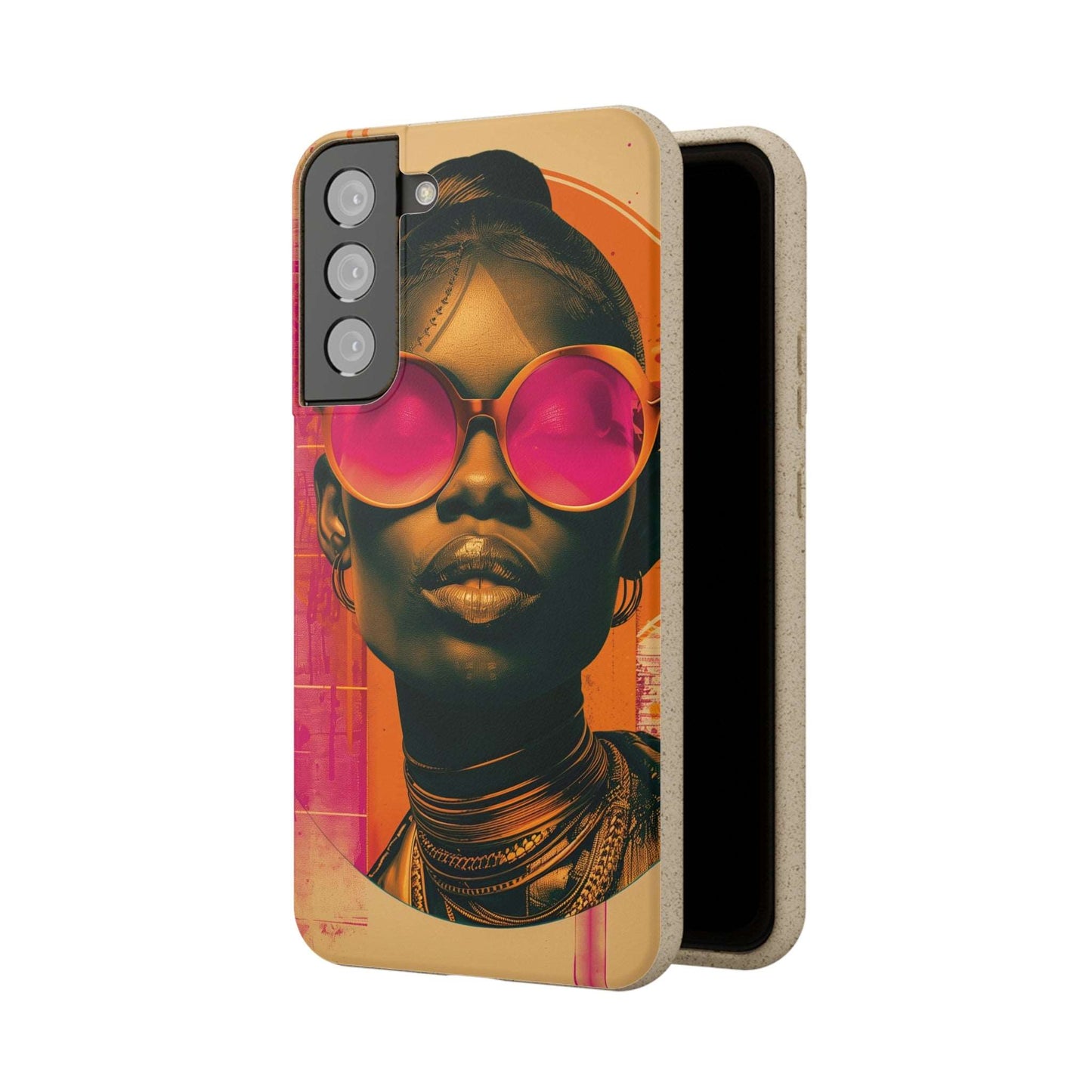 Lagos-inspired phone case with bold African motifs and biodegradable materials, compatible with iPhone and Samsung models.