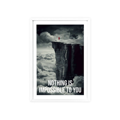 Surreal minimalist art print featuring a silhouette climbing a cliff, with Neville Goddard quote "Nothing is impossible to you"