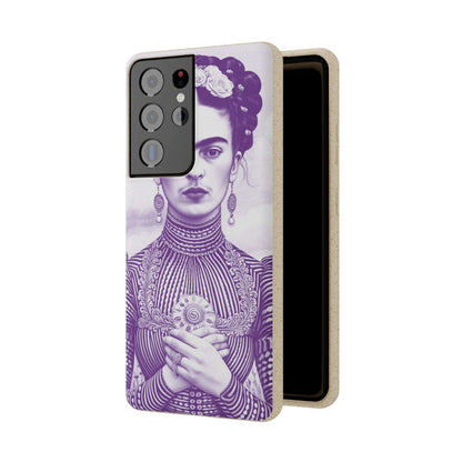 Stylish violet biodegradable phone case featuring an artistic portrait of Frida Kahlo.