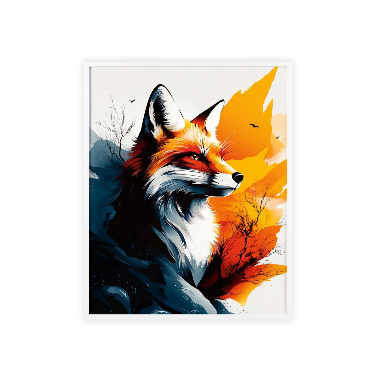 Vibrant digital illustration of a mystical fox featuring geometric shapes and bold colors, part of the Mystical Beasts Collection framed poster series.