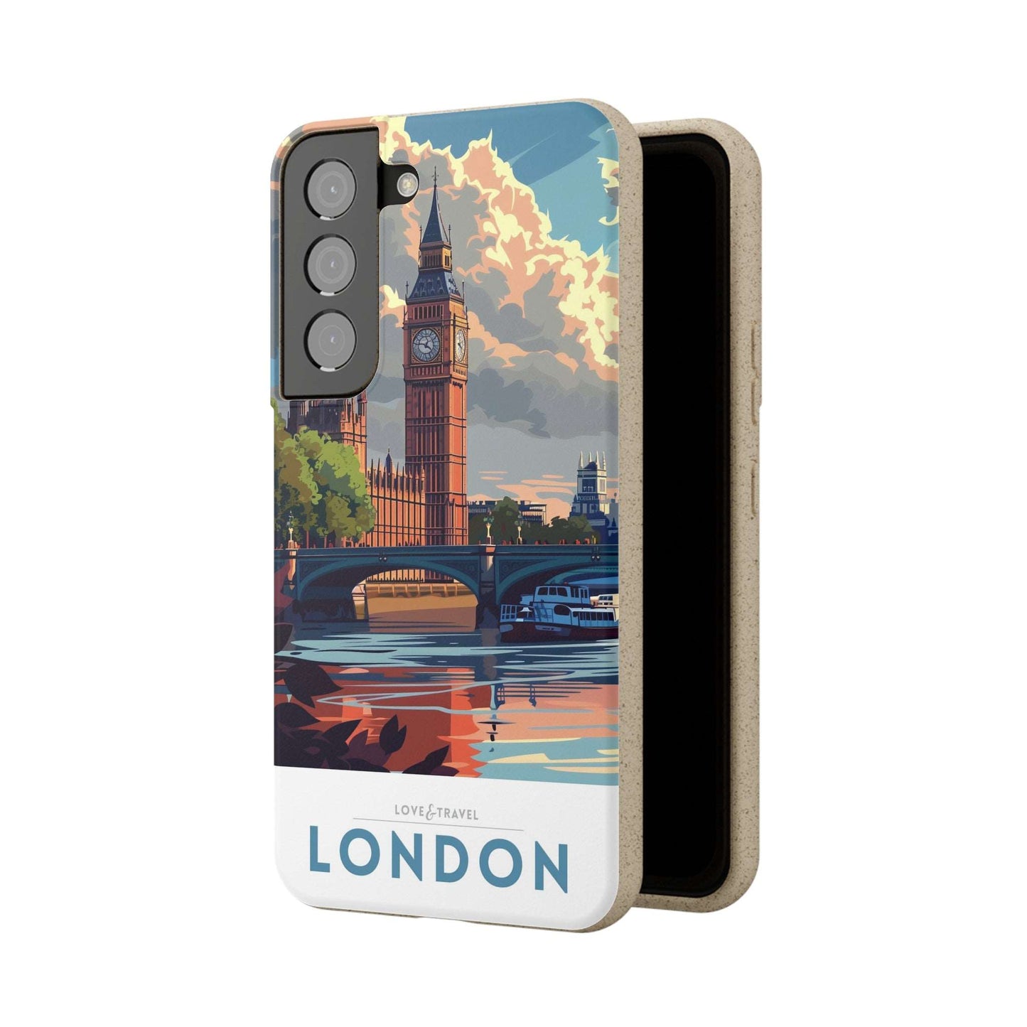 Stylish biodegradable phone case featuring a minimalist London-themed travel poster design.