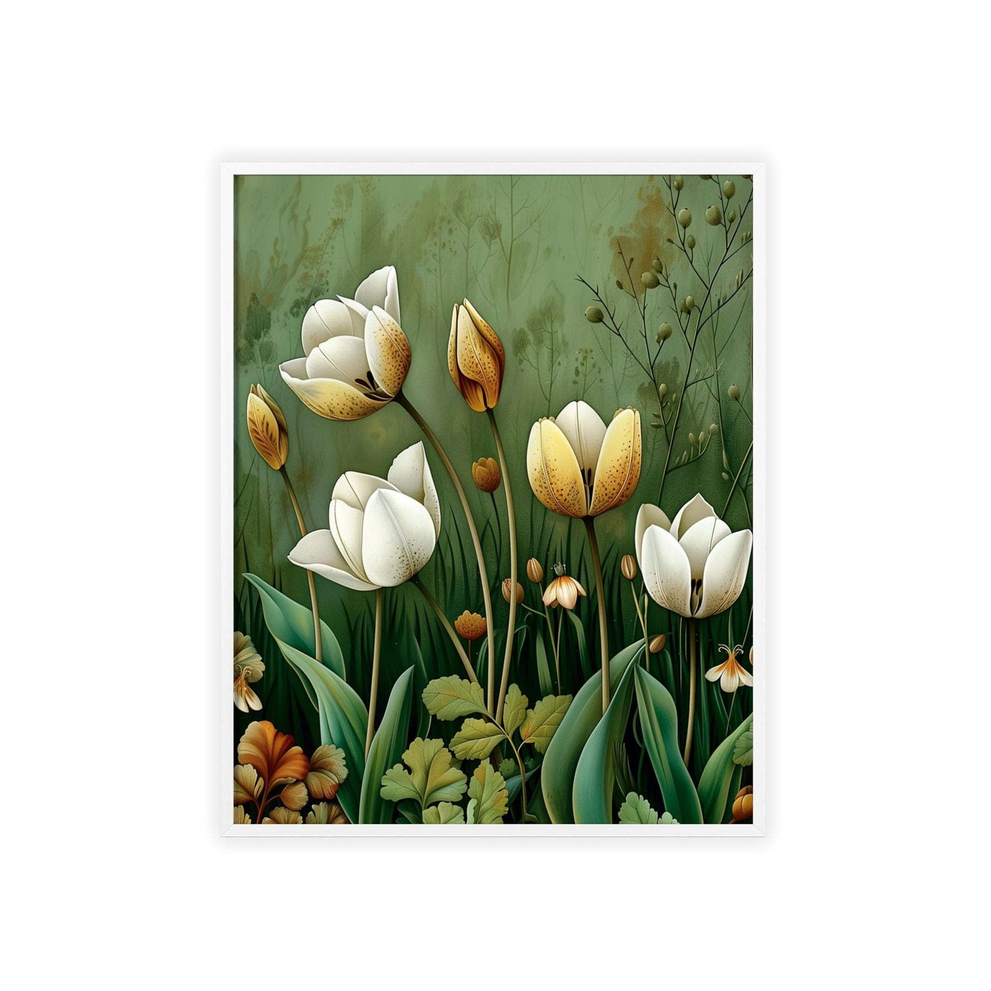 Vintage-style framed poster featuring delicate tulip blooms in soft, muted colors