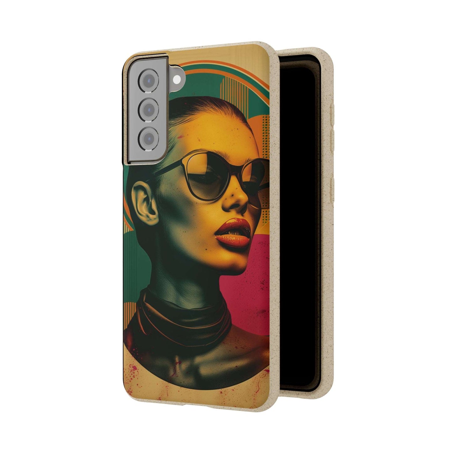 Rome-inspired biodegradable phone case with Mediterranean hues and a retro portrait, compatible with iPhone and Samsung models.