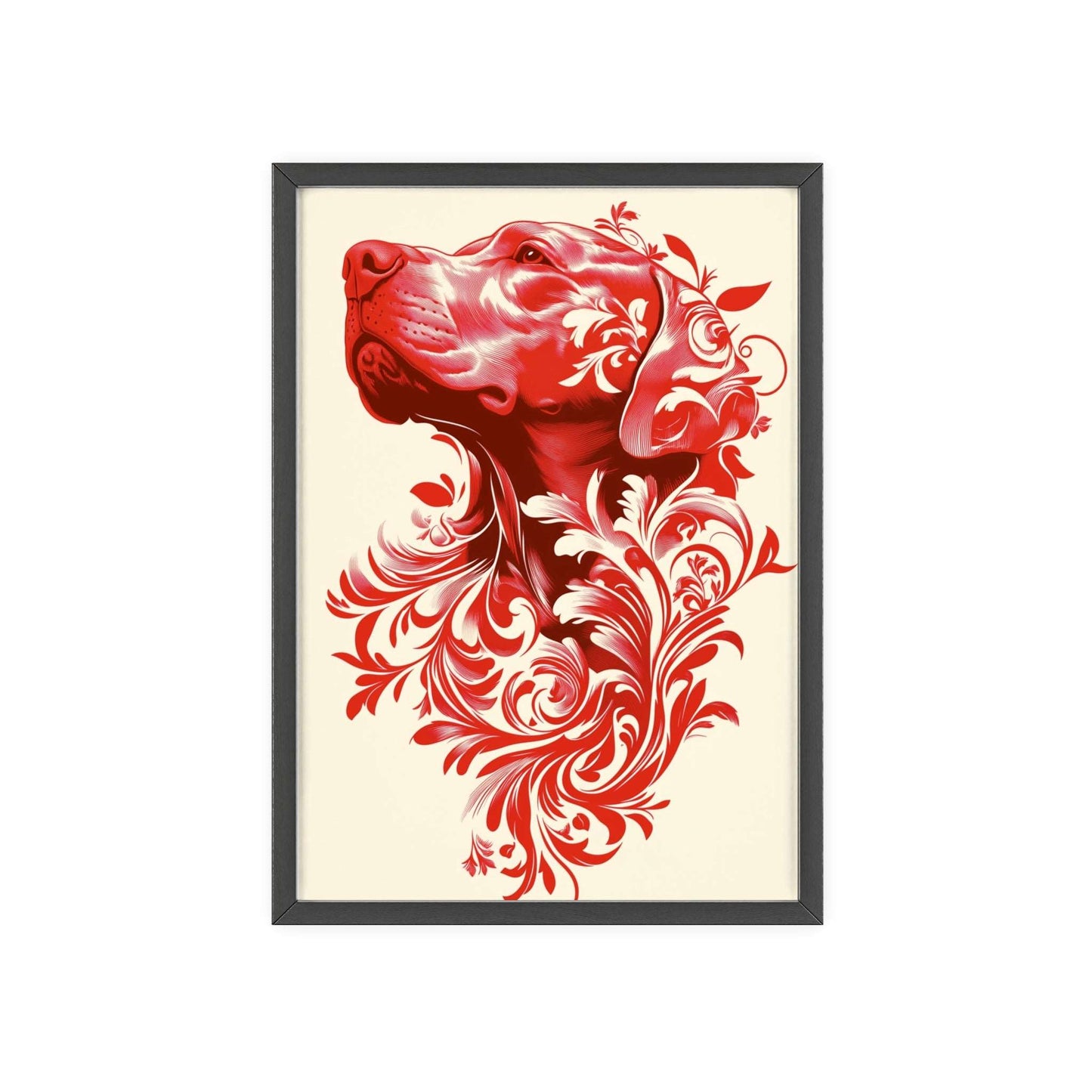 Framed poster showcasing a stylized hound surrounded by vibrant red flowers