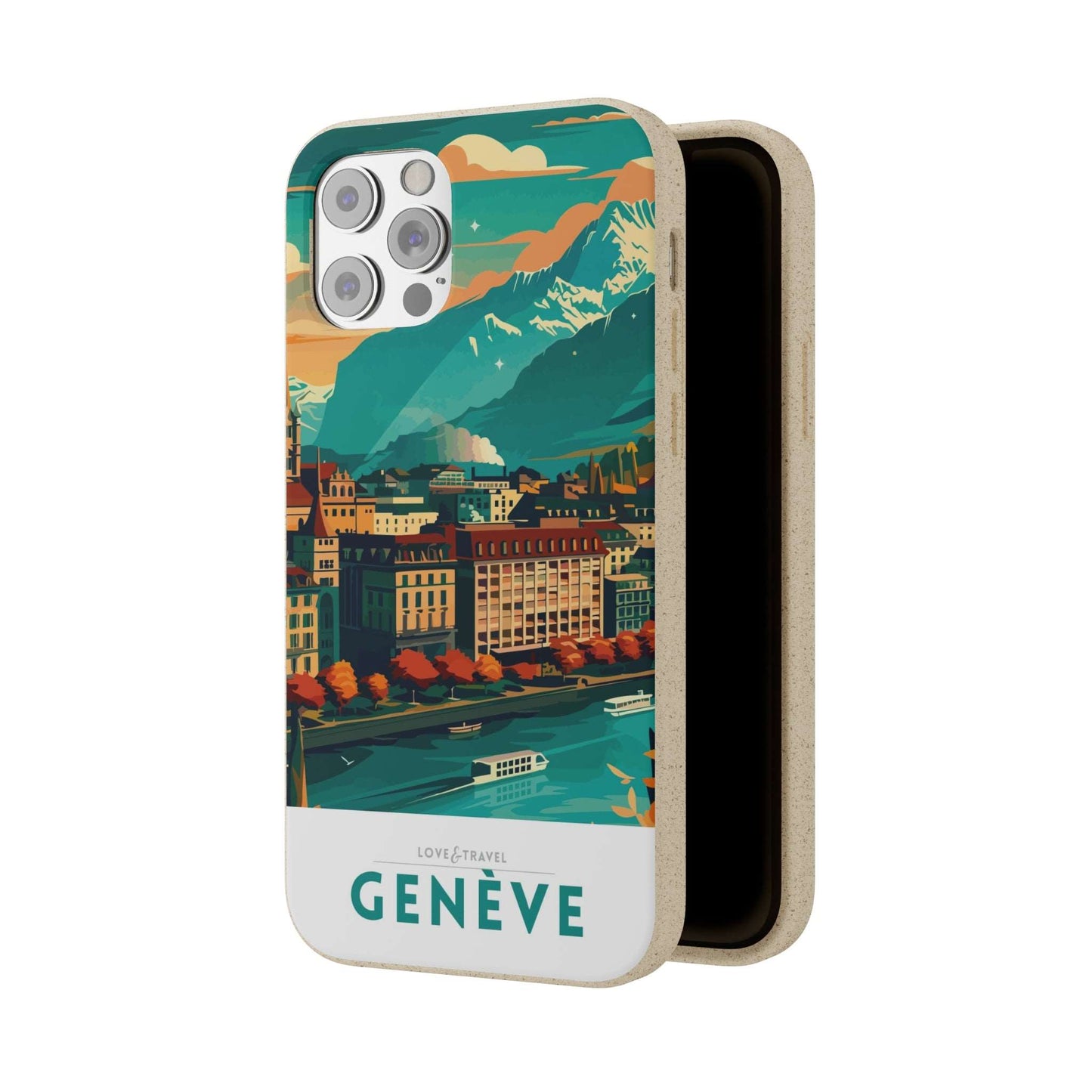 Colorful biodegradable phone case featuring a stylized travel poster design of Geneva, Switzerland.