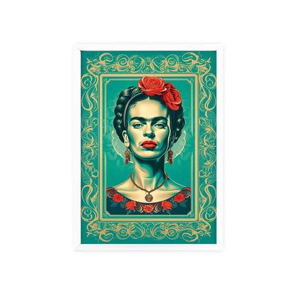 Framed portrait poster of Frida Kahlo in a modern vector design. Her features are rendered in gold, with aquamarine accents. The background is aquamarine.