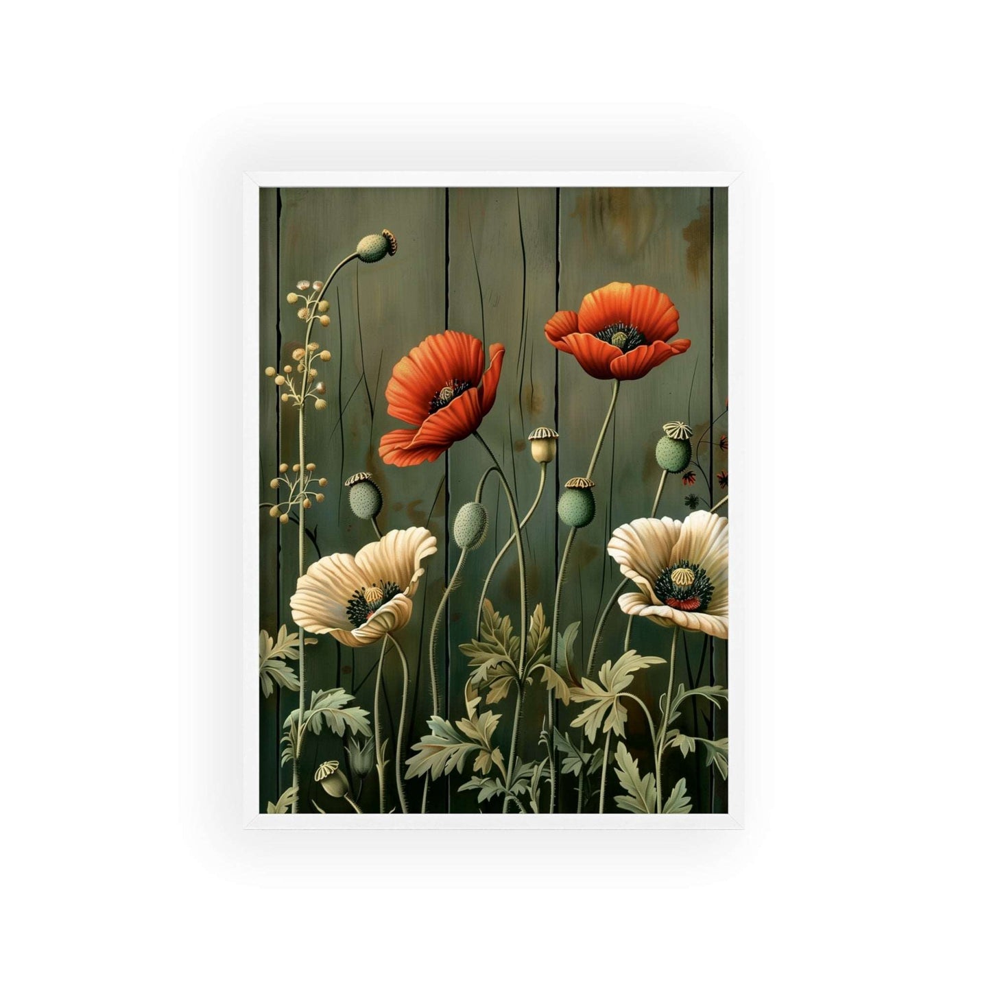 Vintage-style framed poster featuring vibrant red poppy blooms with delicate stems and leaves