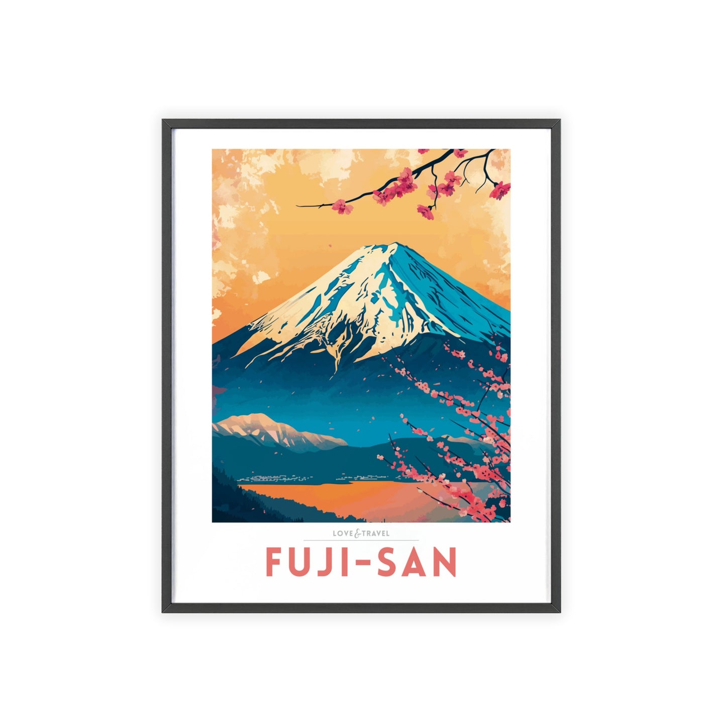 Travel poster of Mount Fuji featuring the iconic peak framed by cherry blossoms, capturing the serene beauty and cultural essence of Japan