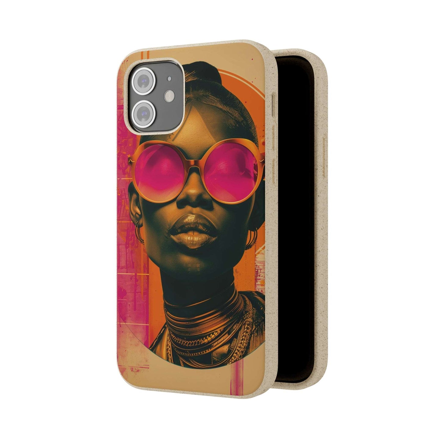 Lagos-inspired phone case with bold African motifs and biodegradable materials, compatible with iPhone and Samsung models.