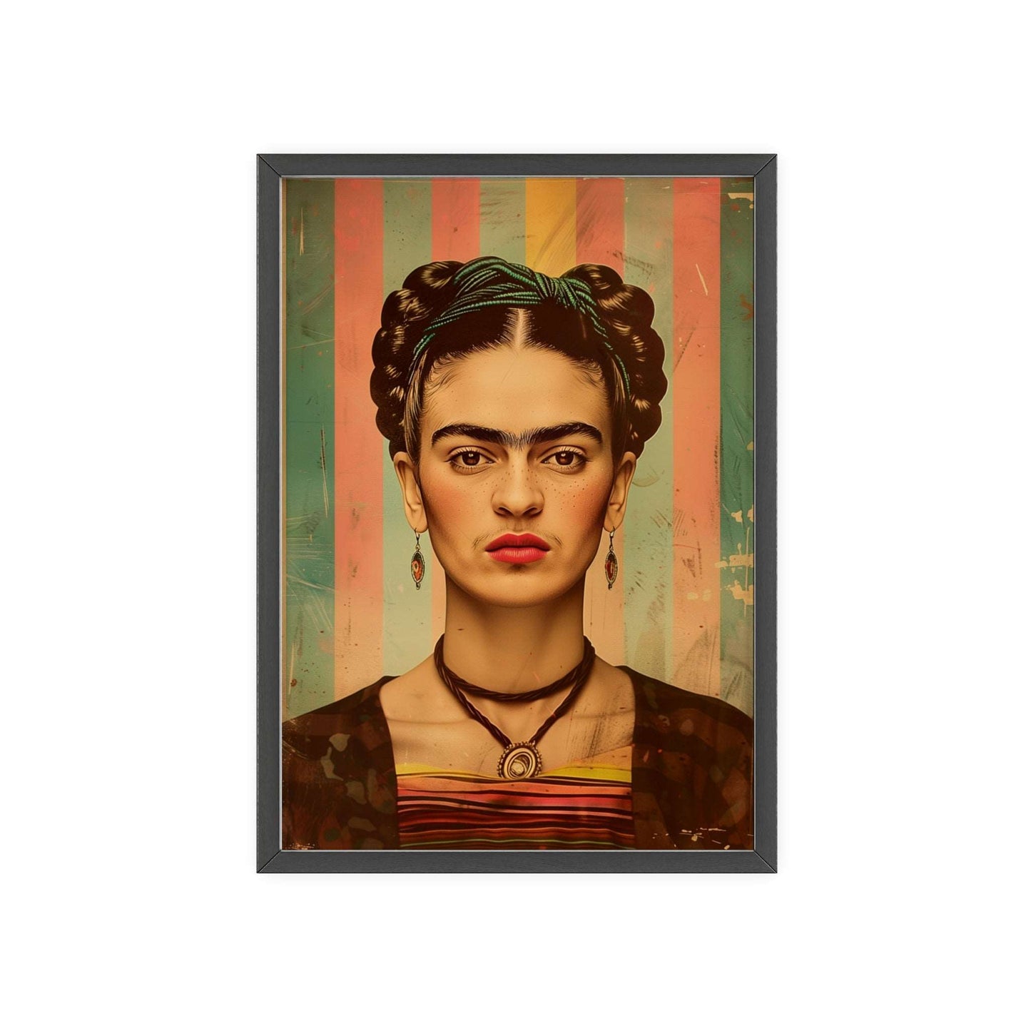 Vintage pop art style poster featuring Frida Kahlo in a vibrant color scheme. Frida has her signature unibrow, set against a background of bold, contrasting colors. The poster is framed.