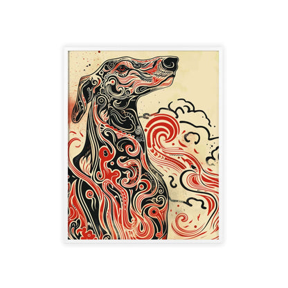 dog poster, animal art, bold design, black and red, wildlife decor, intricate patterns, majestic dog, nature illustration, wall art, dynamic artwork