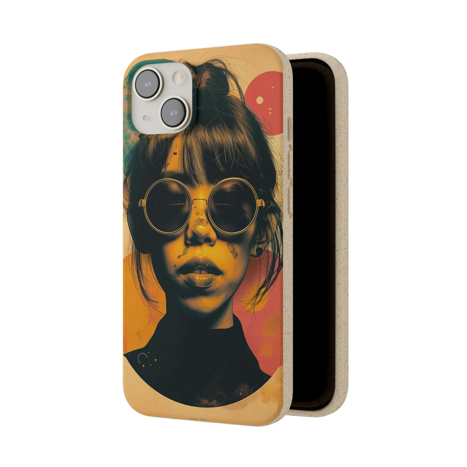 Tokyo-themed phone case featuring a retro portrait with neon colors, made from biodegradable materials, compatible with iPhone and Samsung.